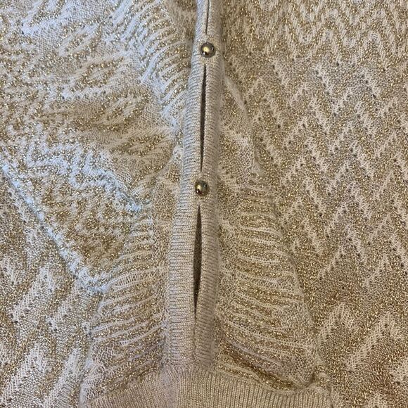 White House Black Market Knit Cream Gold Sparkle Cold Shoulder Sweater Sz Large - Picture 7 of 13